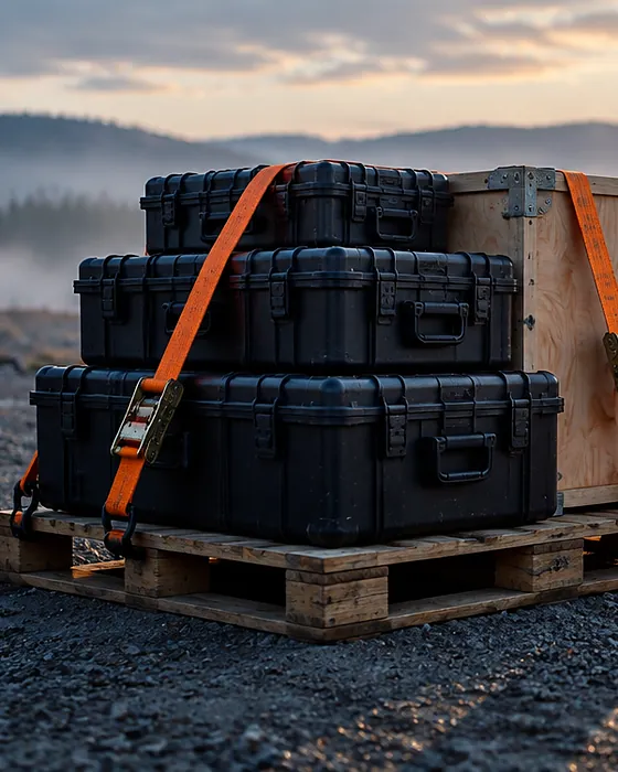 Cargo cases strapped to a pallet on a gravel landing pad at dawn