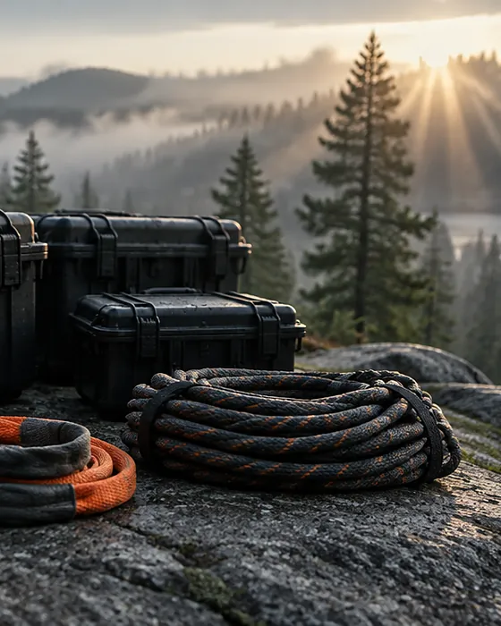 Hard-shell equipment cases and a lifting sling in a misty forest clearing