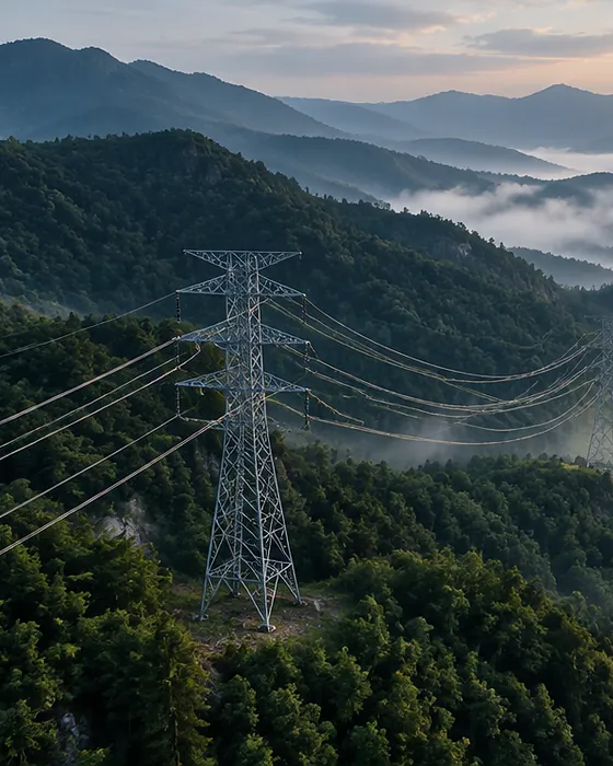 Power line towers crossing forested hills in morning fog