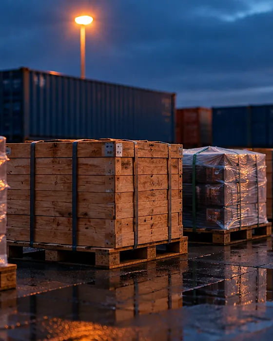 Strapped cargo pallets in a freight yard at dusk